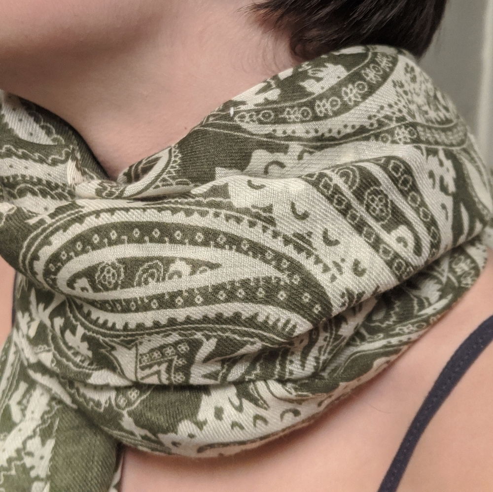 Long olive green and white paisley scarf 3/$20